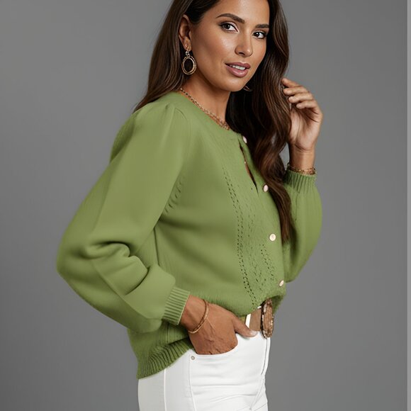 Round Neck Long Sleeve Button Front Cardigan Green - Picture 3 of 5